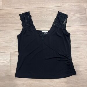 Vintage Y2K Gilani Black Lace Trim Tank Top Wrap Floral‎ Lace Women M Coquette
